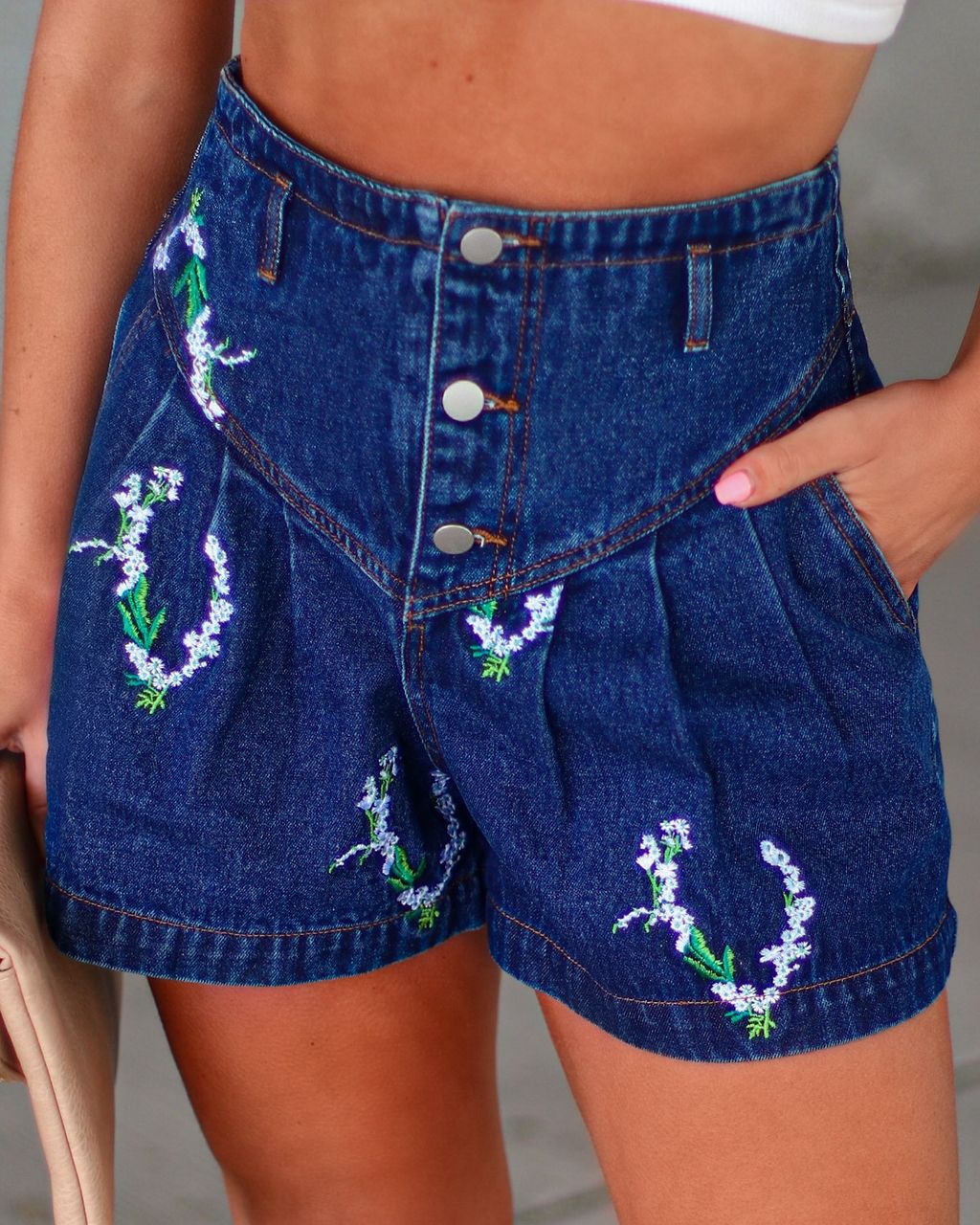 Smiles All Day Floral Pocketed Embroidered Denim Shorts - FINAL SALE sold by Vici product image thumbnail 2
