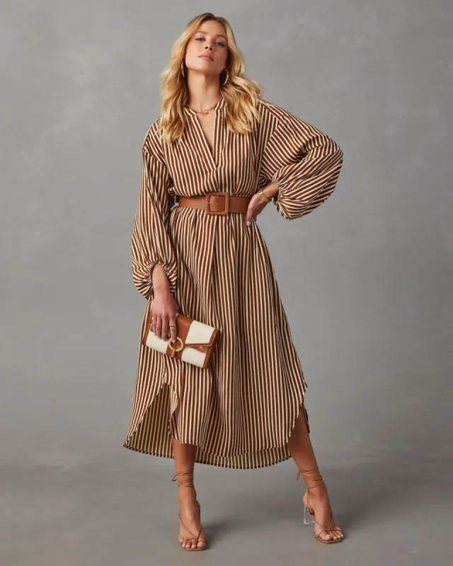 Dimarco Striped Pocketed Belted Midi Dress - Brown sold by Vici