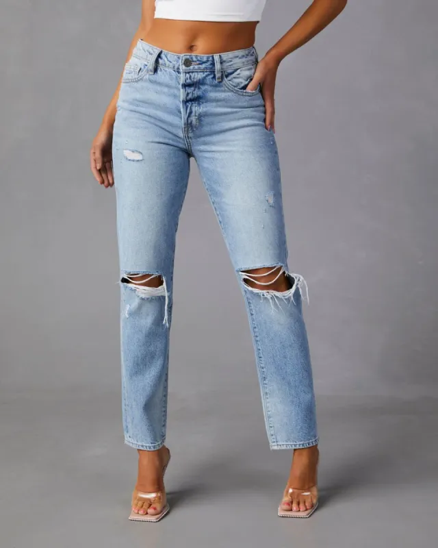 Travis High Rise Distressed Straight Jeans sold by Vici