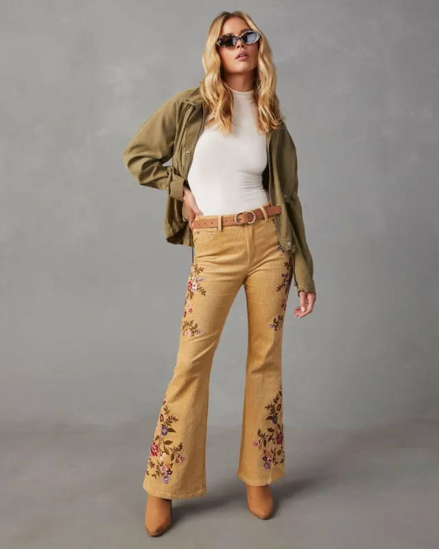 Dreamscape Floral Embroidered Flare Leg Pants sold by Vici