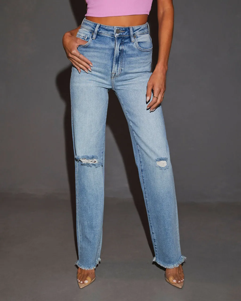 Abbie High Rise Distressed Straight Leg Jeans sold by Vici