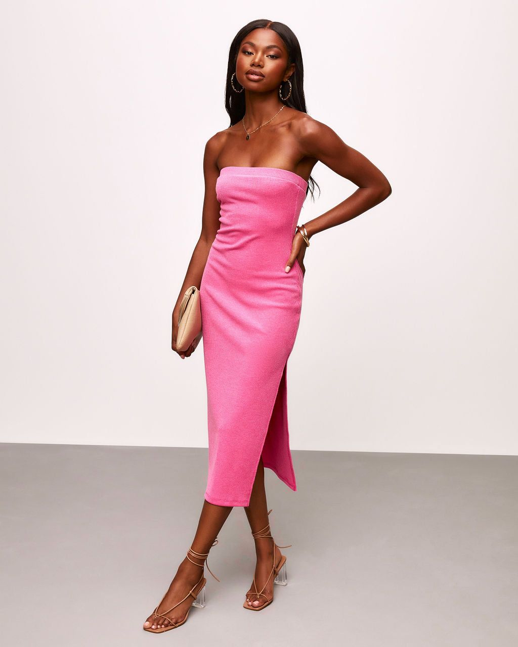 Becks Ribbed Strapless Side Slit Midi Dress sold by Vici