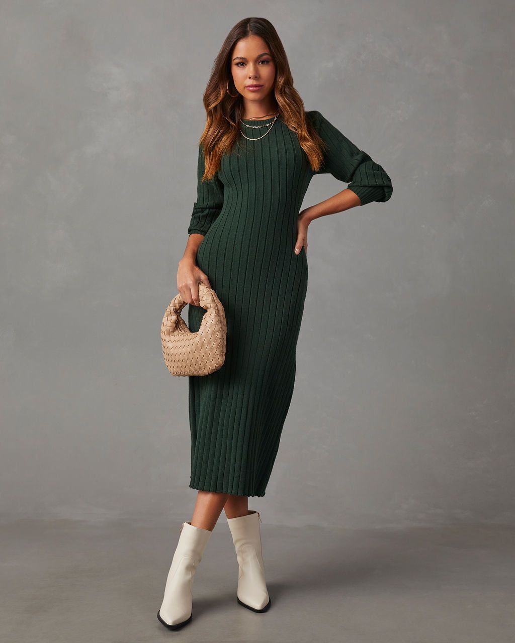 Robin Balloon Sleeve Sweater Midi Dress - Hunter Green sold by Vici product image thumbnail 5