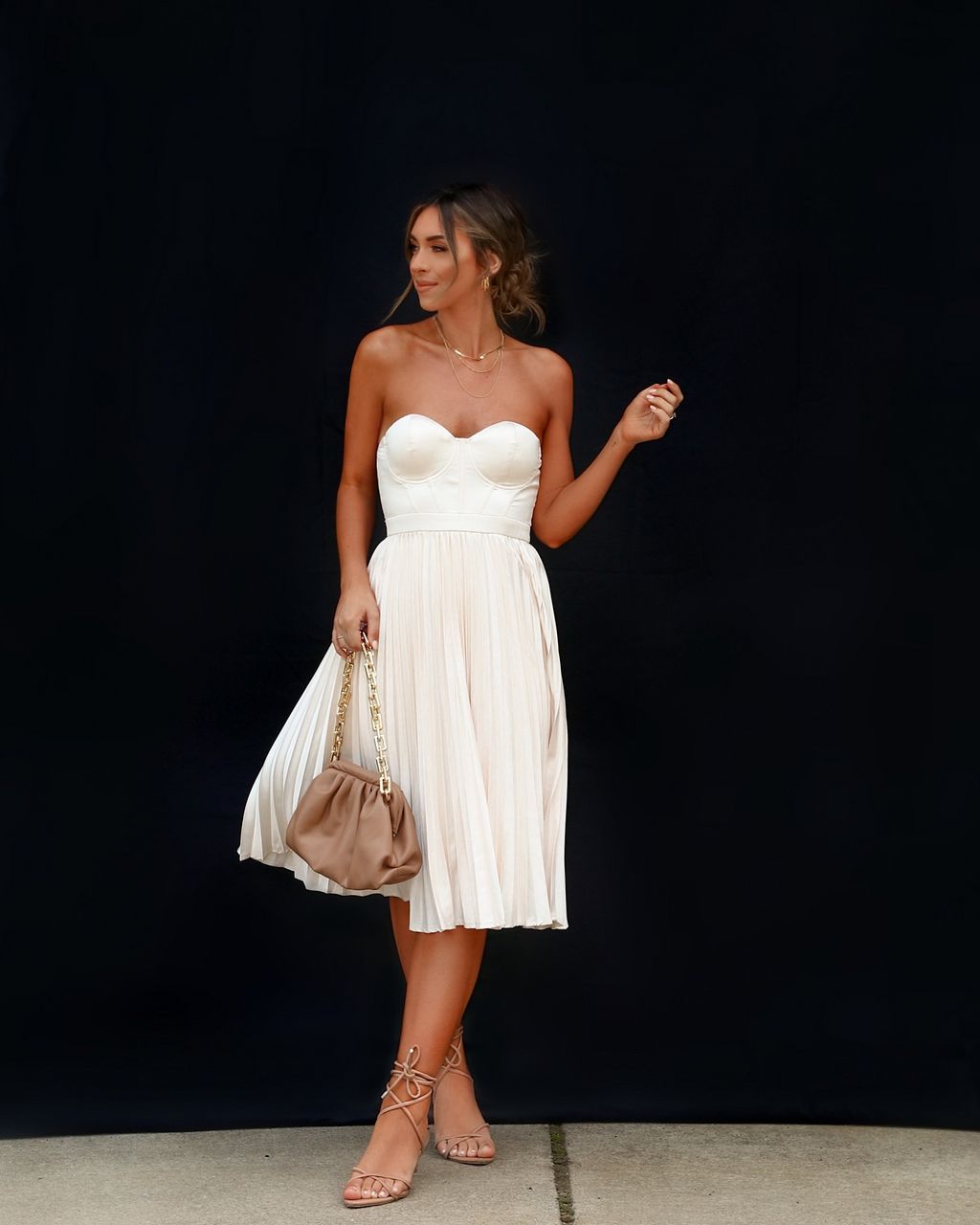Main Character Satin Pleated Strapless Midi Dress - Champagne - FINAL SALE sold by Vici
