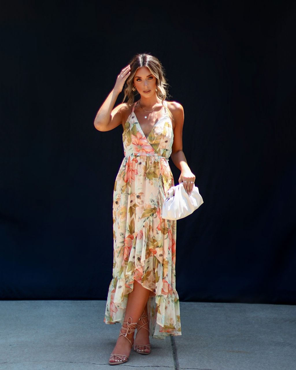 Marah Floral Ruffle Hem Maxi Dress sold by Vici