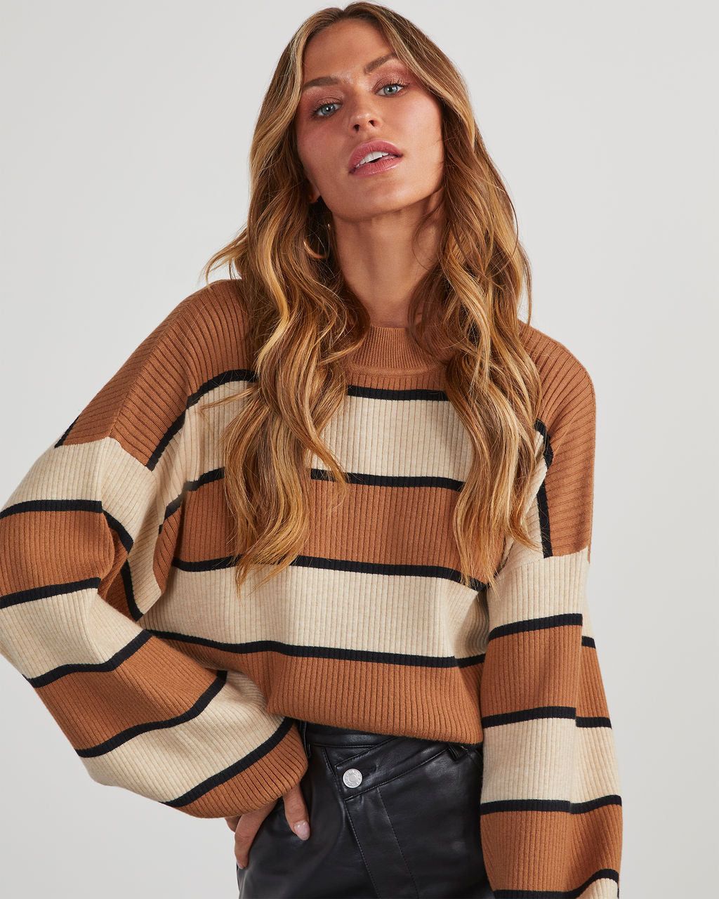 It'S Giving Cozy Striped Pullover Sweater - Cream/Camel sold by Vici product image thumbnail 5