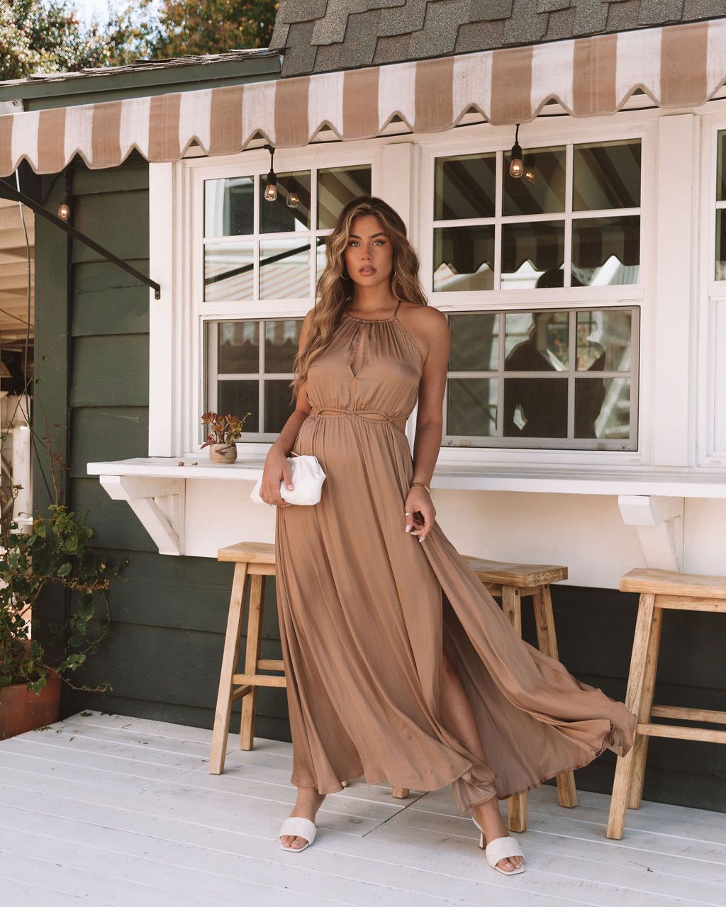 Breeana Satin Side Cutout Halter Maxi Dress - Camel - FINAL SALE sold by Vici product image thumbnail 3