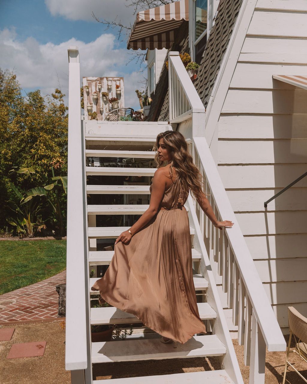 Breeana Satin Side Cutout Halter Maxi Dress - Camel - FINAL SALE sold by Vici product image thumbnail 5