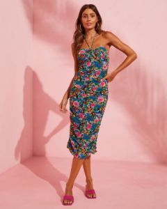 Catch The Bouquet Floral Halter Midi Dress - Blue/Multi - SALE sold by Vici