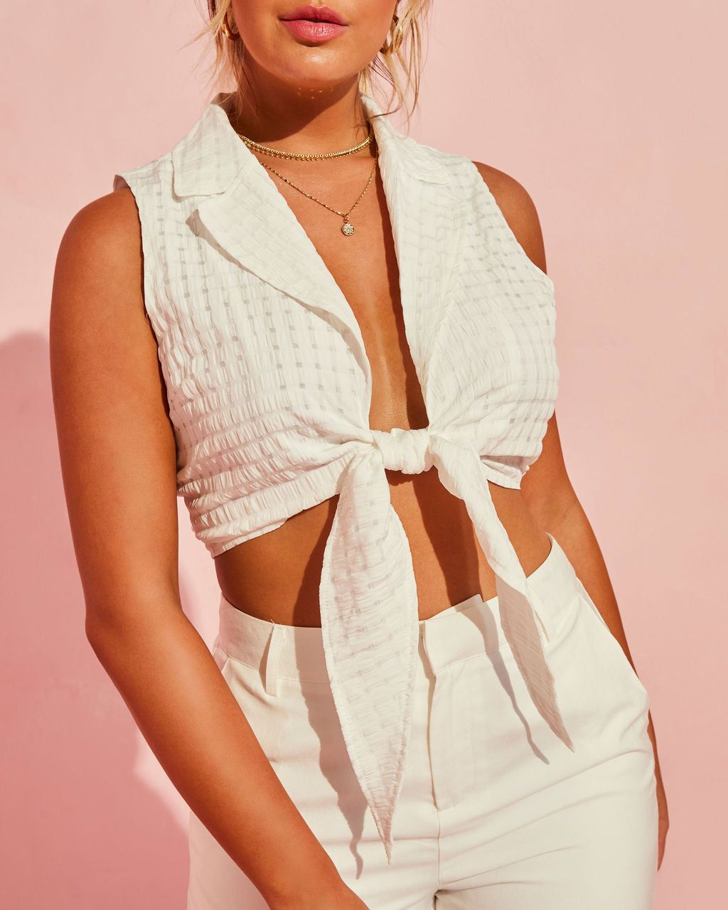 Summer Heat Collared Crop Tie Tank - White - FINAL SALE sold by Vici