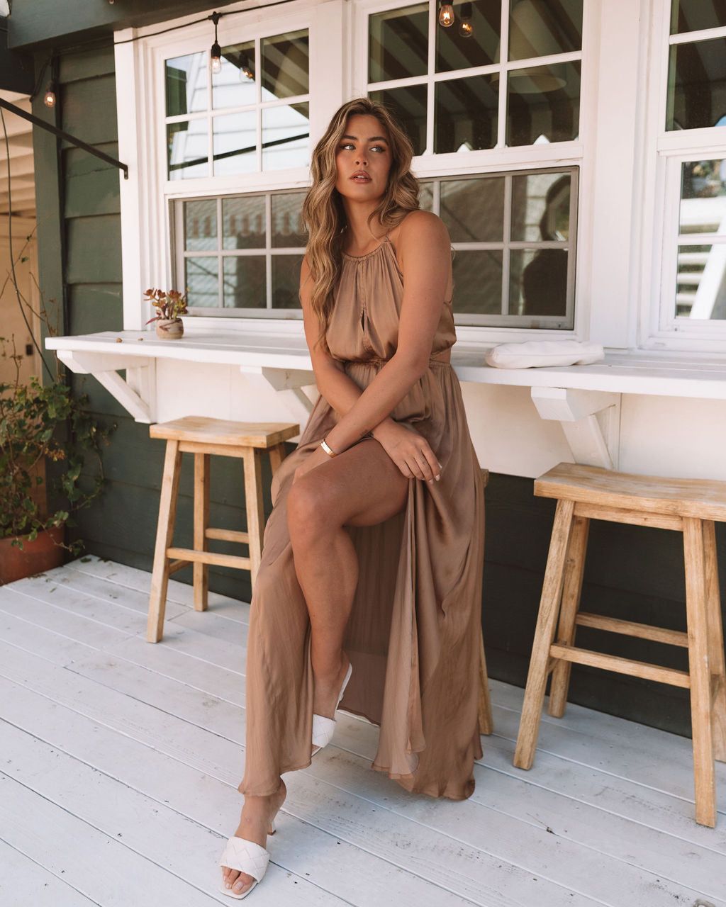 Breeana Satin Side Cutout Halter Maxi Dress - Camel - FINAL SALE sold by Vici product image thumbnail 6