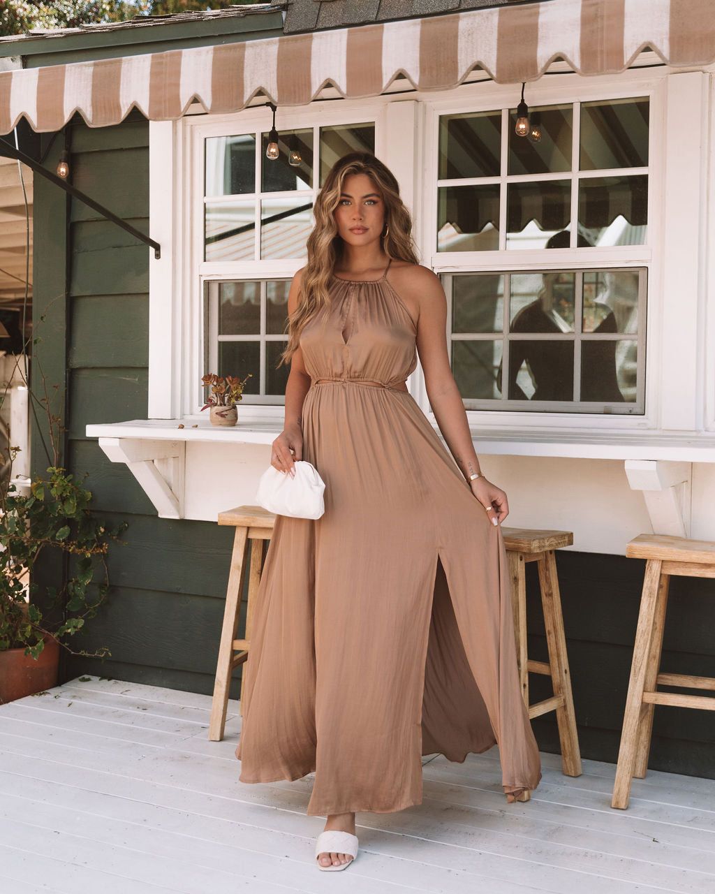 Breeana Satin Side Cutout Halter Maxi Dress - Camel - FINAL SALE sold by Vici