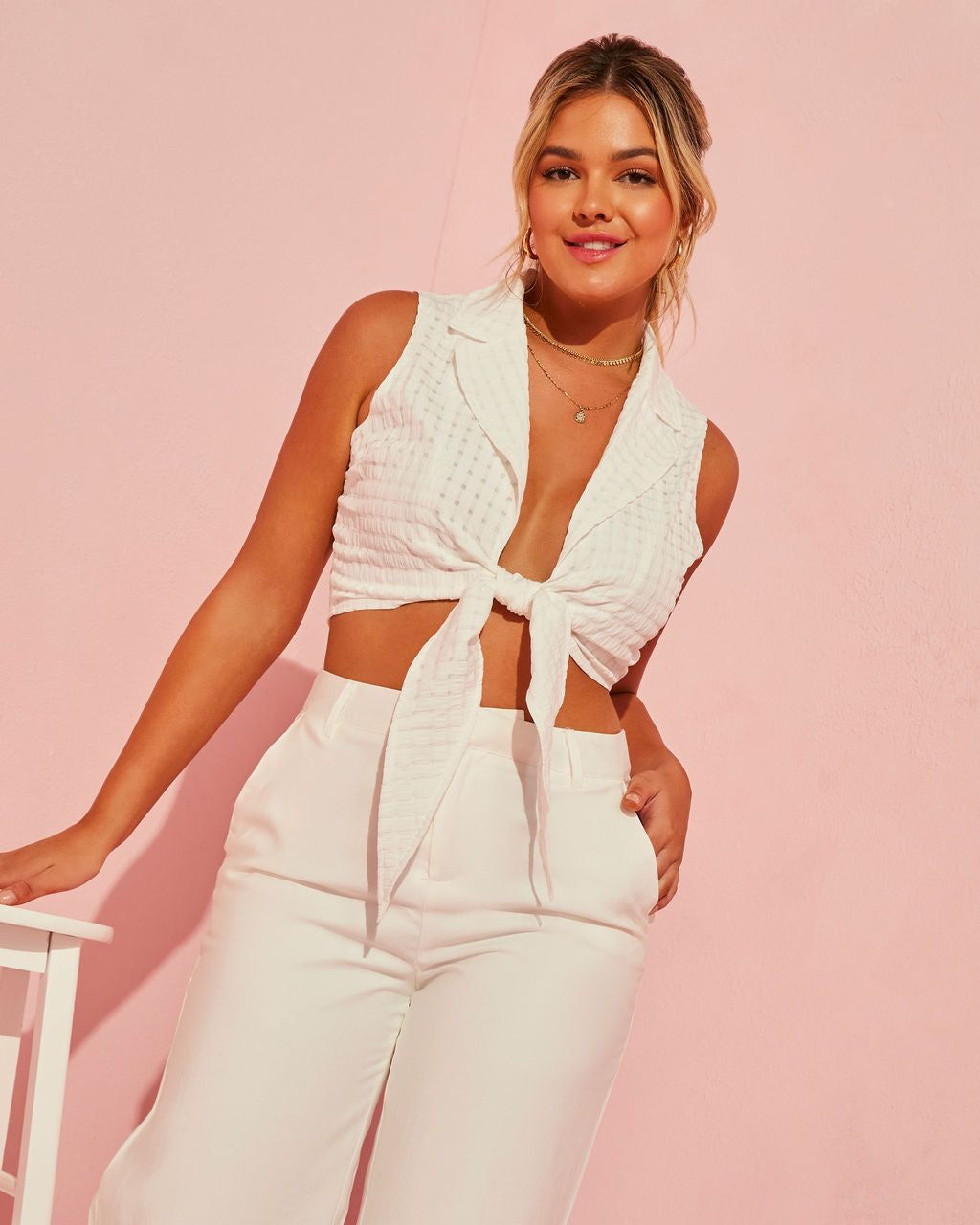 Summer Heat Collared Crop Tie Tank - White - FINAL SALE sold by Vici product image thumbnail 7