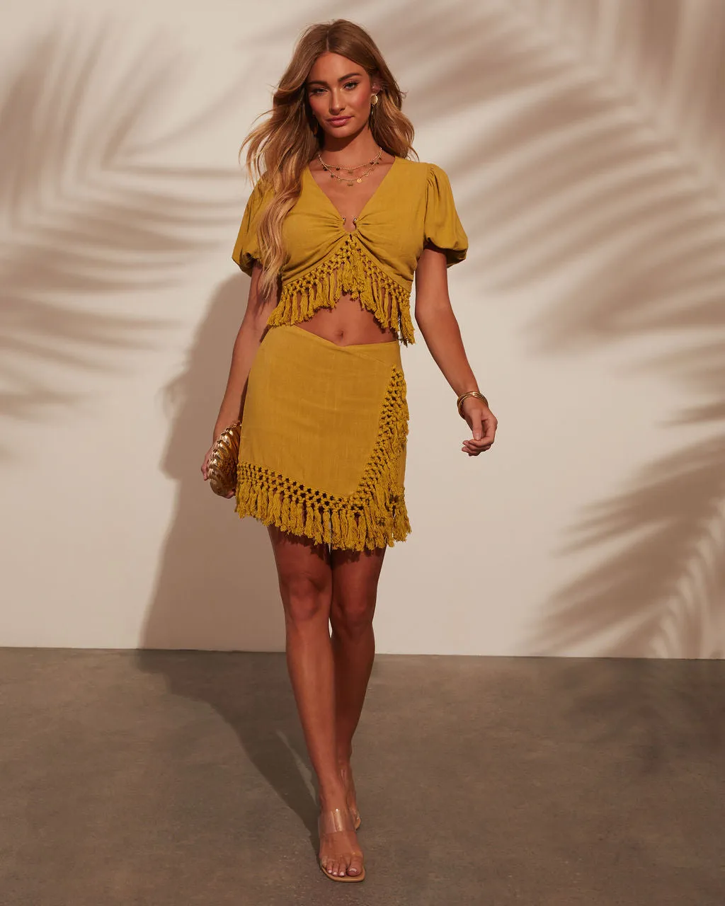Madrid Tango Wrap Fringe Mini Skirt sold by Vici