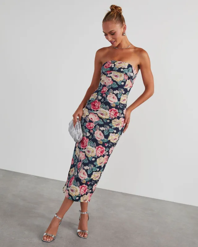 RSVP Yes Strapless Floral Midi Dress - Navy sold by Vici