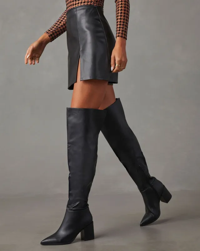 Going Places Faux Leather Over The Knee Boots - Black sold by Vici