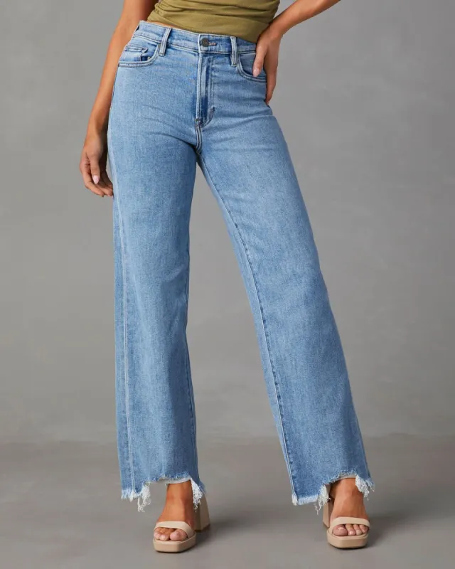 Mandy High Rise Stretch Frayed Wide Leg Jeans sold by Vici