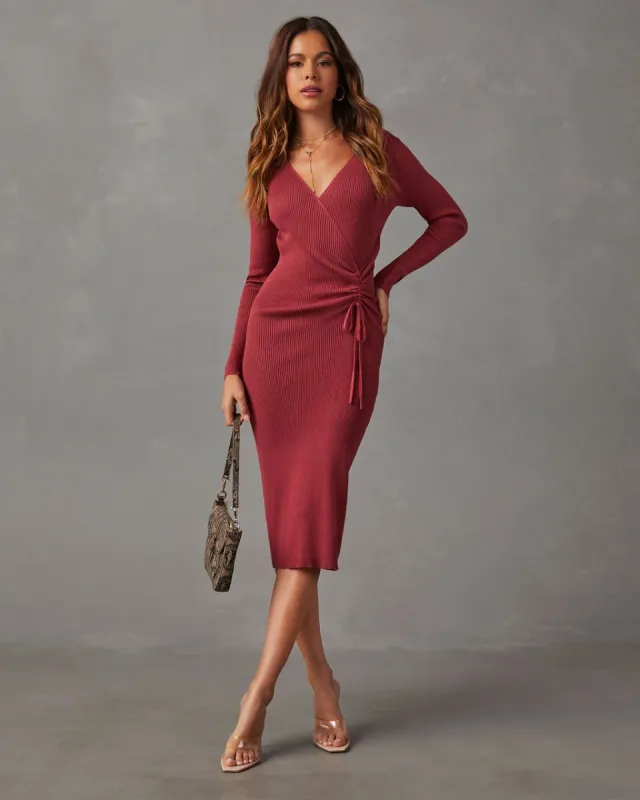 Margolis Long Sleeve Ruched Sweater Midi Dress - Terracotta sold by Vici