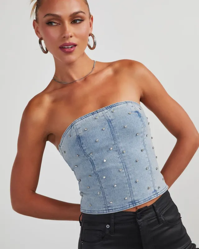 Concert Chic Embellished Denim Corset Top - Light Wash made by Vici