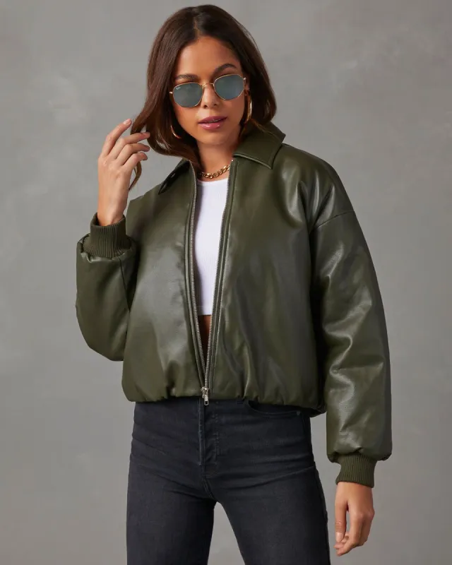 Miles Collared Faux Leather Bomber Jacket - Green sold by Vici