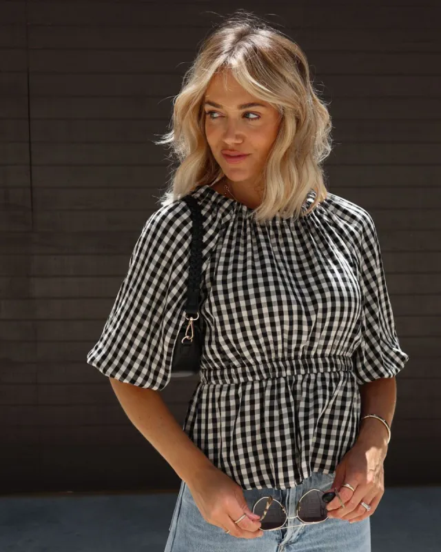 Sylvie Gingham Puff Sleeve Top - Black/Beige - SALE sold by Vici