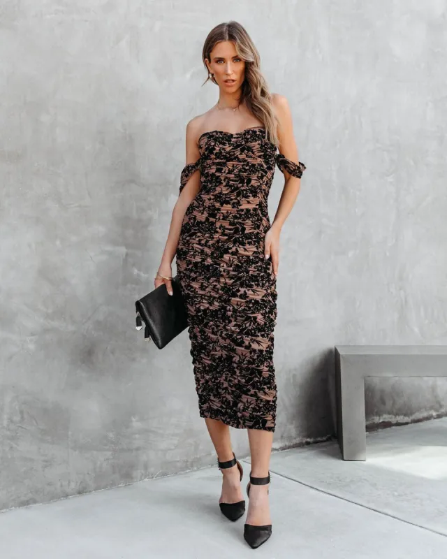 Love Somebody Floral Off The Shoulder Ruched Midi Dress sold by Vici