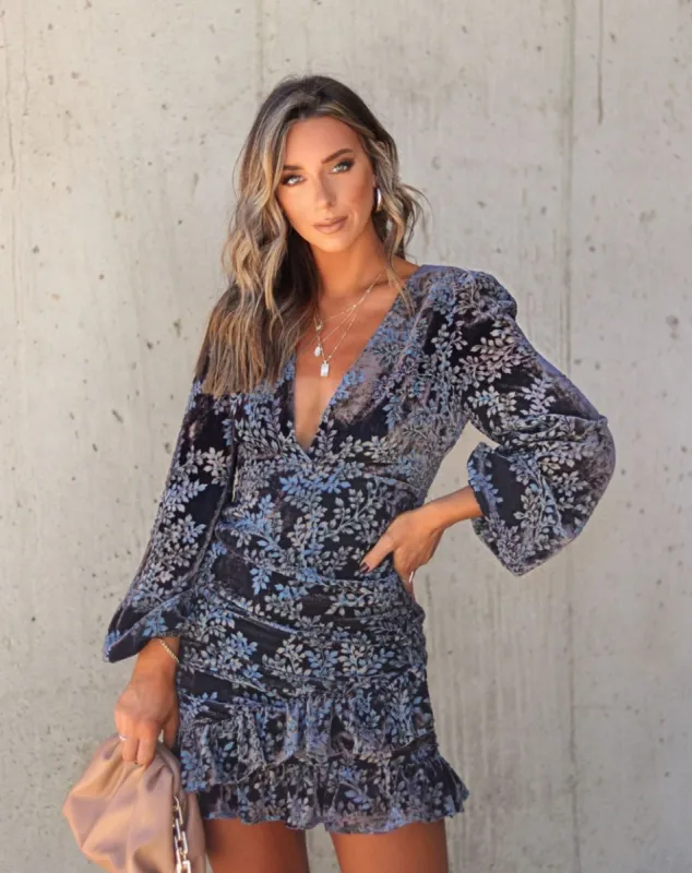 Fashionably A Vibe Ruched Ruffle Burnout Velvet Mini Dress sold by Vici