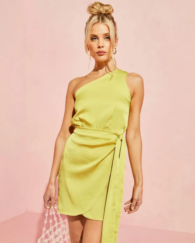 Mabel Satin One Shoulder Front Tie Mini Dress - Chartreuse - SALE sold by Vici