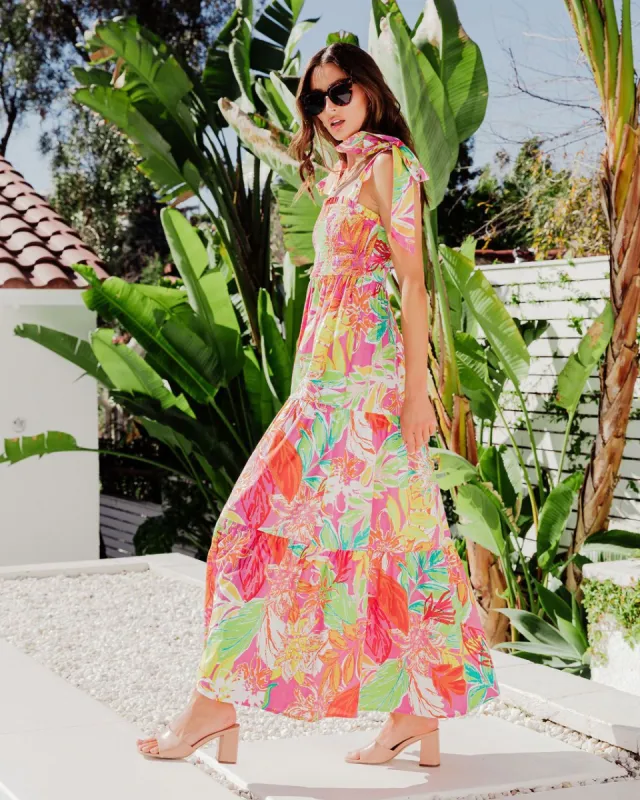 Lost In The Tropics Printed Smocked Cotton Maxi sold by Vici