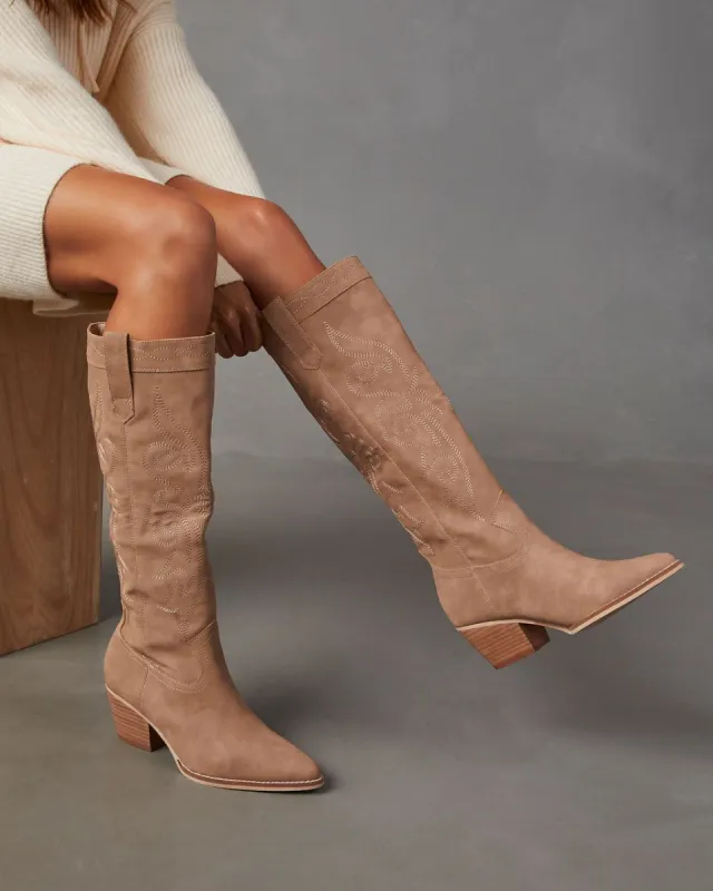 Cassidy Embroidered Heeled Western Boot - Beige sold by Vici