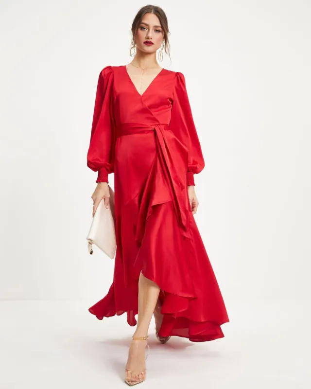 Irresistible Desire Satin Ruffle Maxi Dress sold by Vici