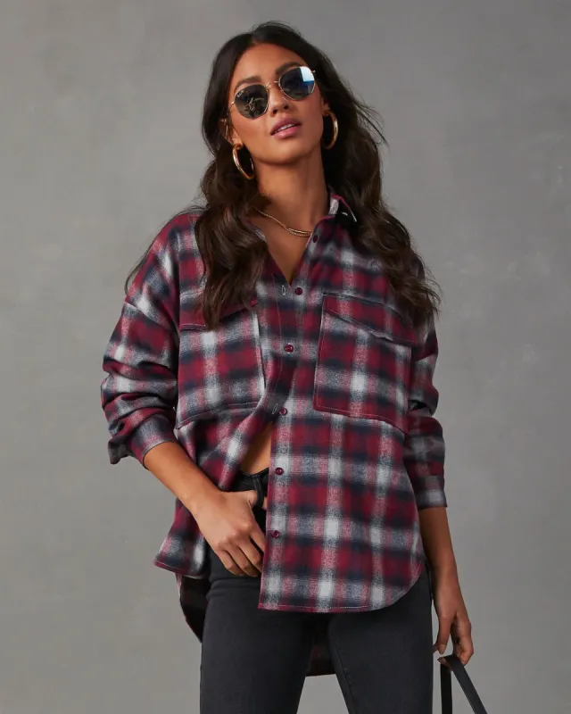 Petaluma Cotton Blend Plaid Button Down Top - Wine sold by Vici