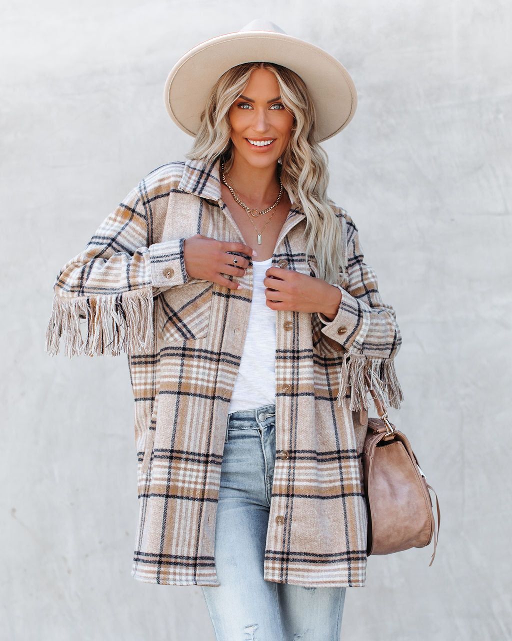 Give Thanks Pocketed Fringe Plaid Coat sold by Vici