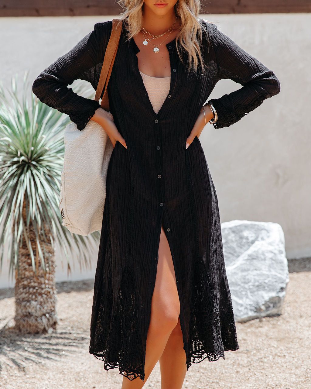 Pique Linen Cotton Button Down Crochet Cover-Up - FINAL SALE sold by Vici product image thumbnail 3