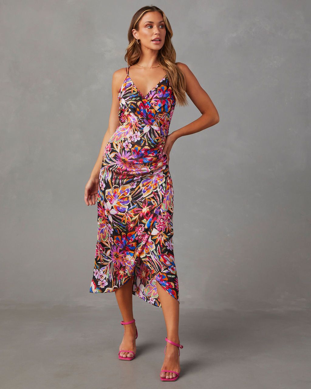 Date To Remember Satin Floral Wrap Midi Dress - Multi sold by Vici