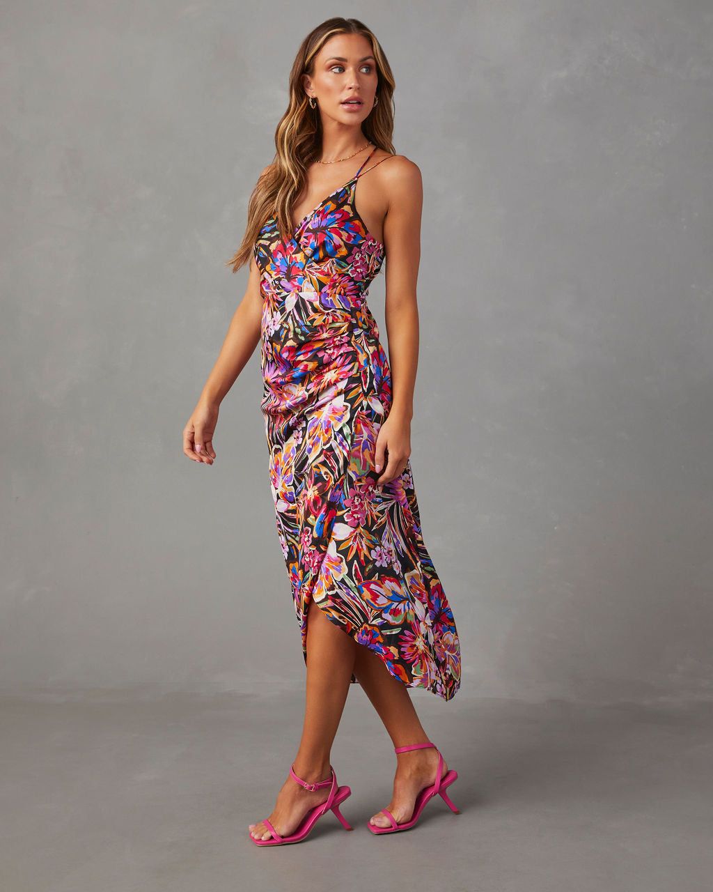 Date To Remember Satin Floral Wrap Midi Dress - Multi sold by Vici product image thumbnail 3
