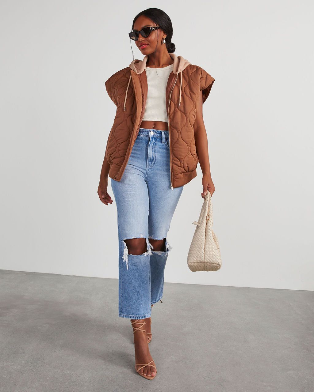 Fall And Forever Hooded Puffer Vest - Tan sold by Vici