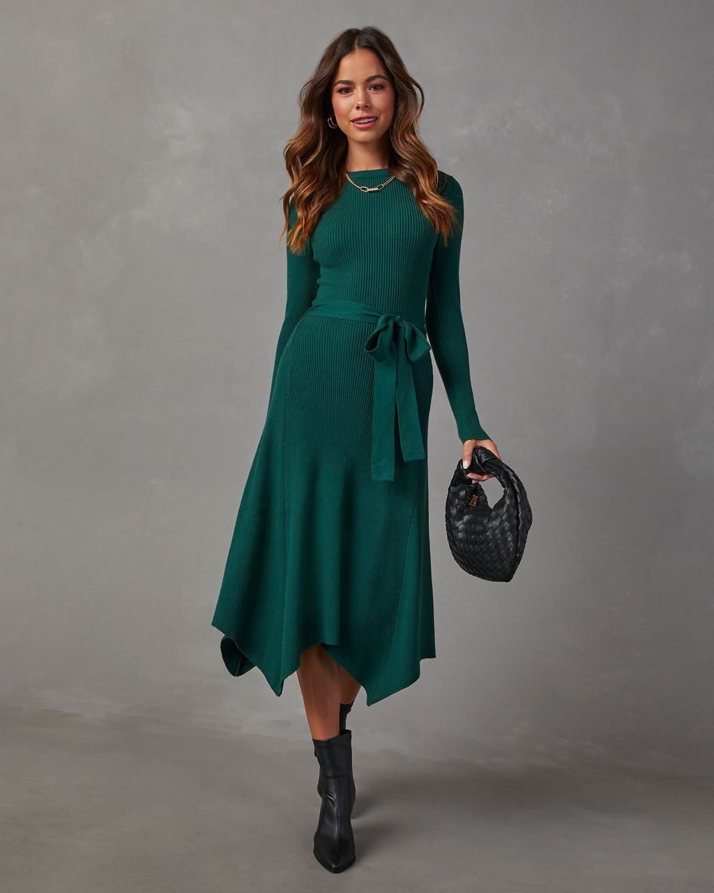 Lia Asymmetrical Hem Tie Waist Midi Sweater Dress - Green sold by Vici