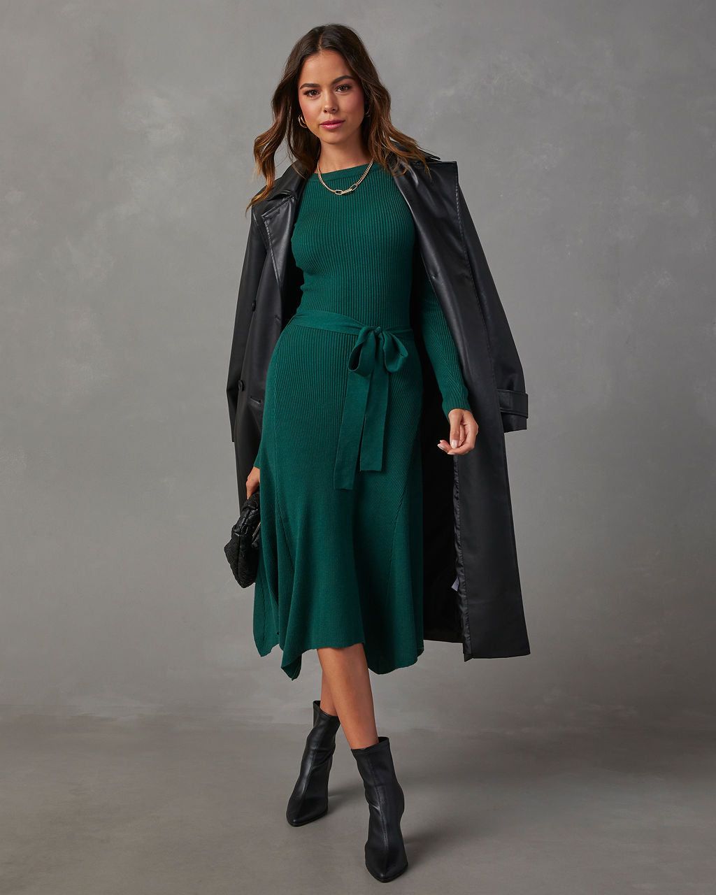 Lia Asymmetrical Hem Tie Waist Midi Sweater Dress - Green sold by Vici product image thumbnail 6