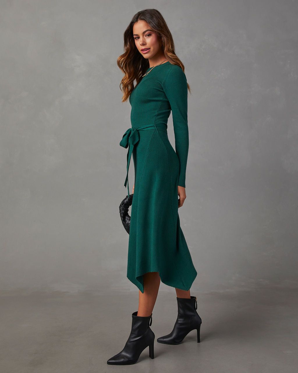 Lia Asymmetrical Hem Tie Waist Midi Sweater Dress - Green sold by Vici product image thumbnail 4