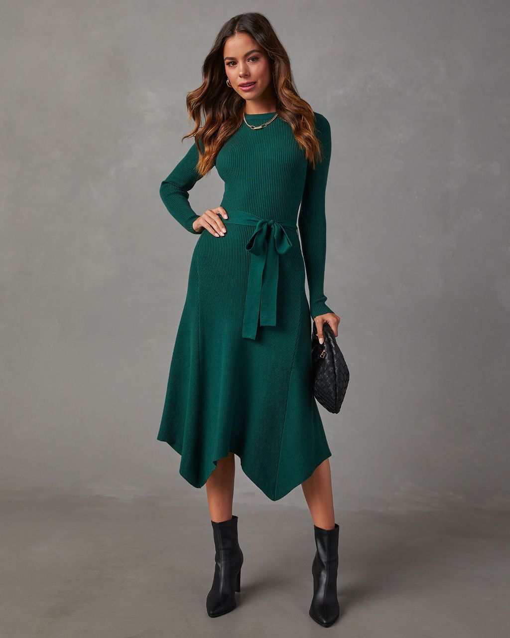 Lia Asymmetrical Hem Tie Waist Midi Sweater Dress - Green sold by Vici product image thumbnail 2
