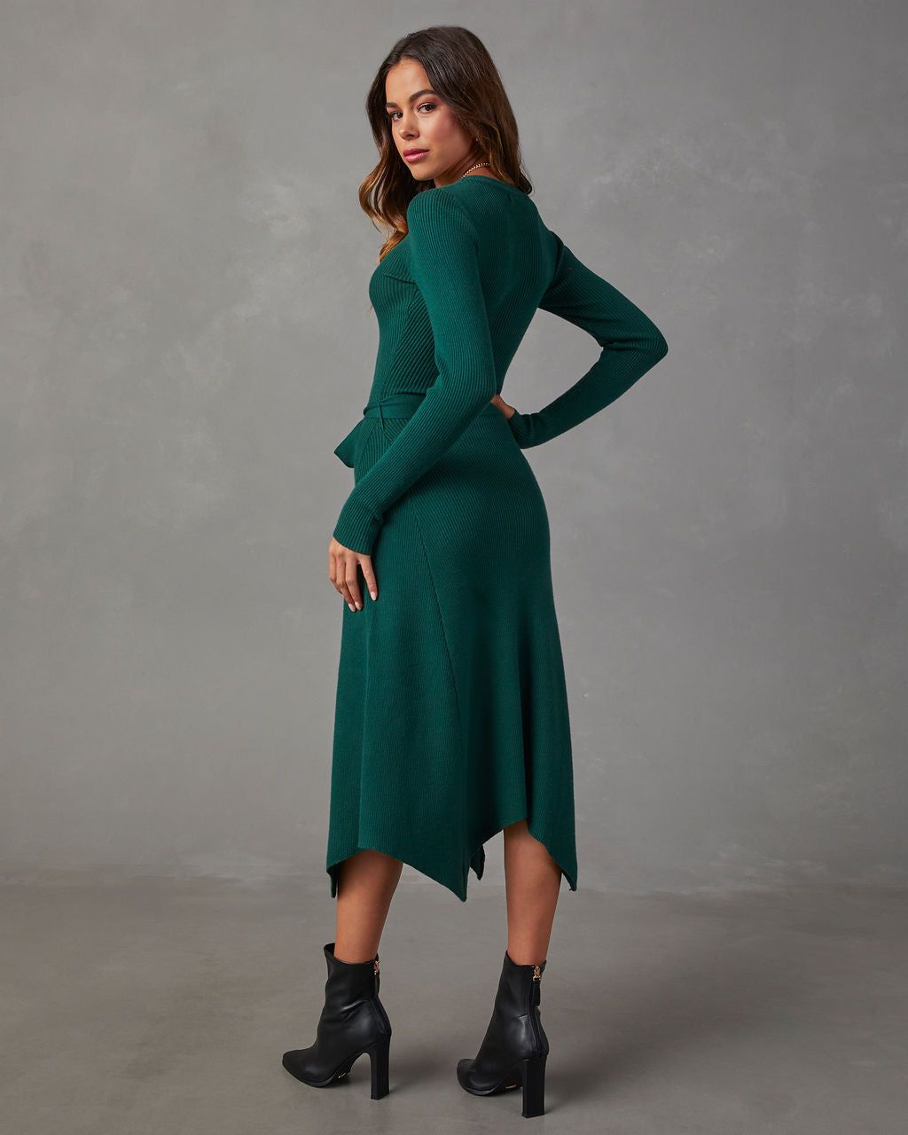 Lia Asymmetrical Hem Tie Waist Midi Sweater Dress - Green sold by Vici product image thumbnail 5