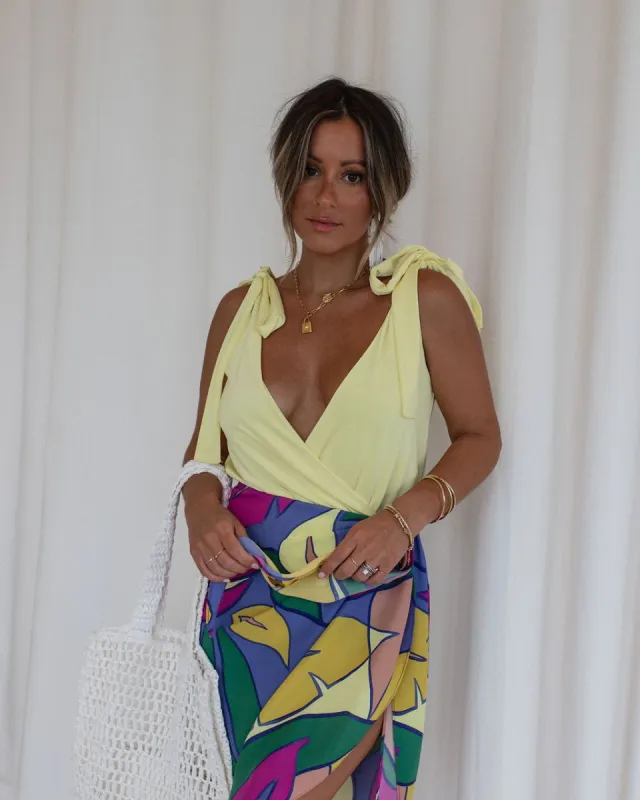 Winfrey Drape Shoulder Tie Bodysuit - Lemon - SALE made by Vici