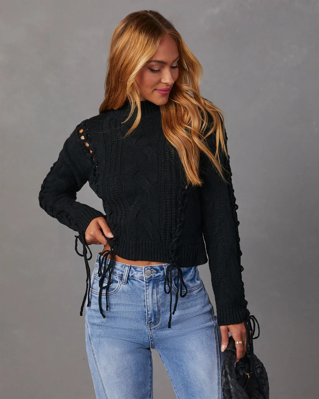 Camelia Mock Neck Lace Up Sweater sold by Vici