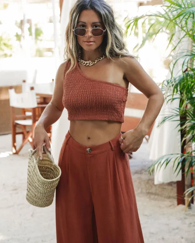 New Horizons Smocked One Shoulder Crop Top sold by Vici