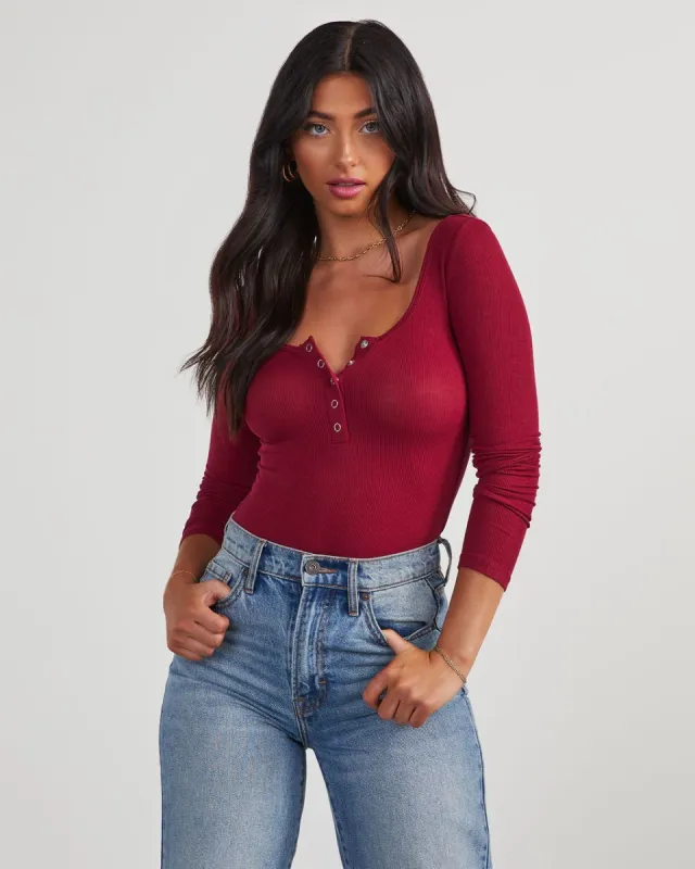 Venus Ribbed Knit Henley Bodysuit - Burgundy sold by Vici