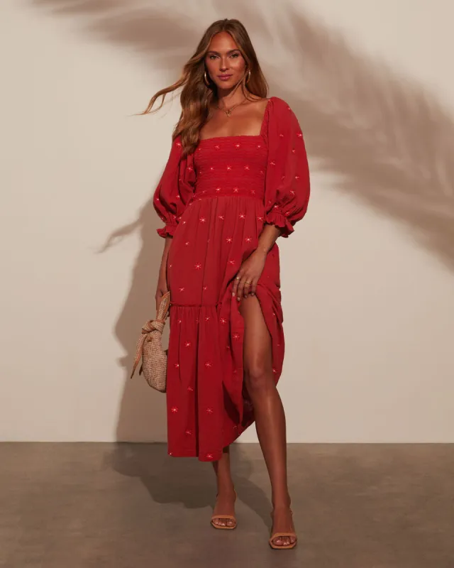 Jemma Smocked Puff Sleeve Tiered Midi Dress sold by Vici