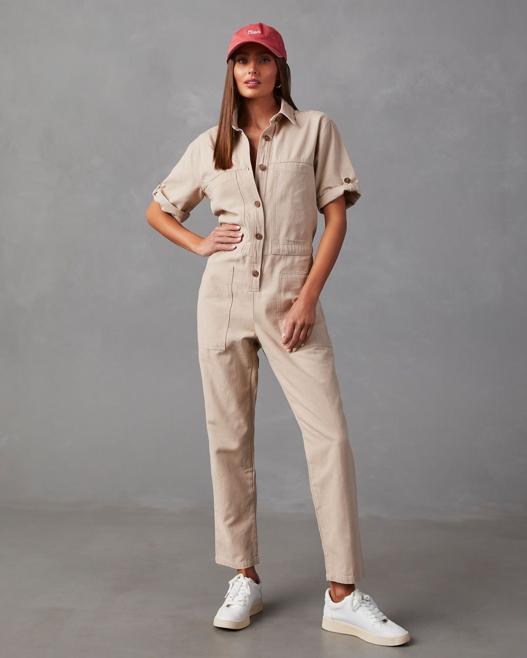 Let's Roll Cotton Jumpsuit - Taupe - SALE sold by Vici