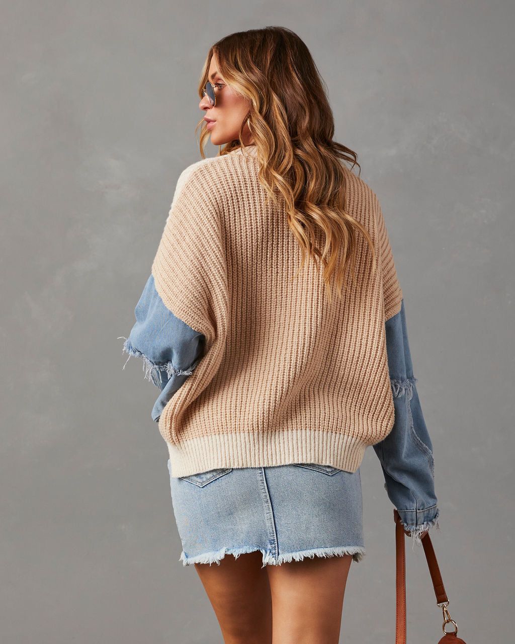 Lazelle Denim Sleeve Crew Neck Sweater - Ivory sold by Vici product image thumbnail 4