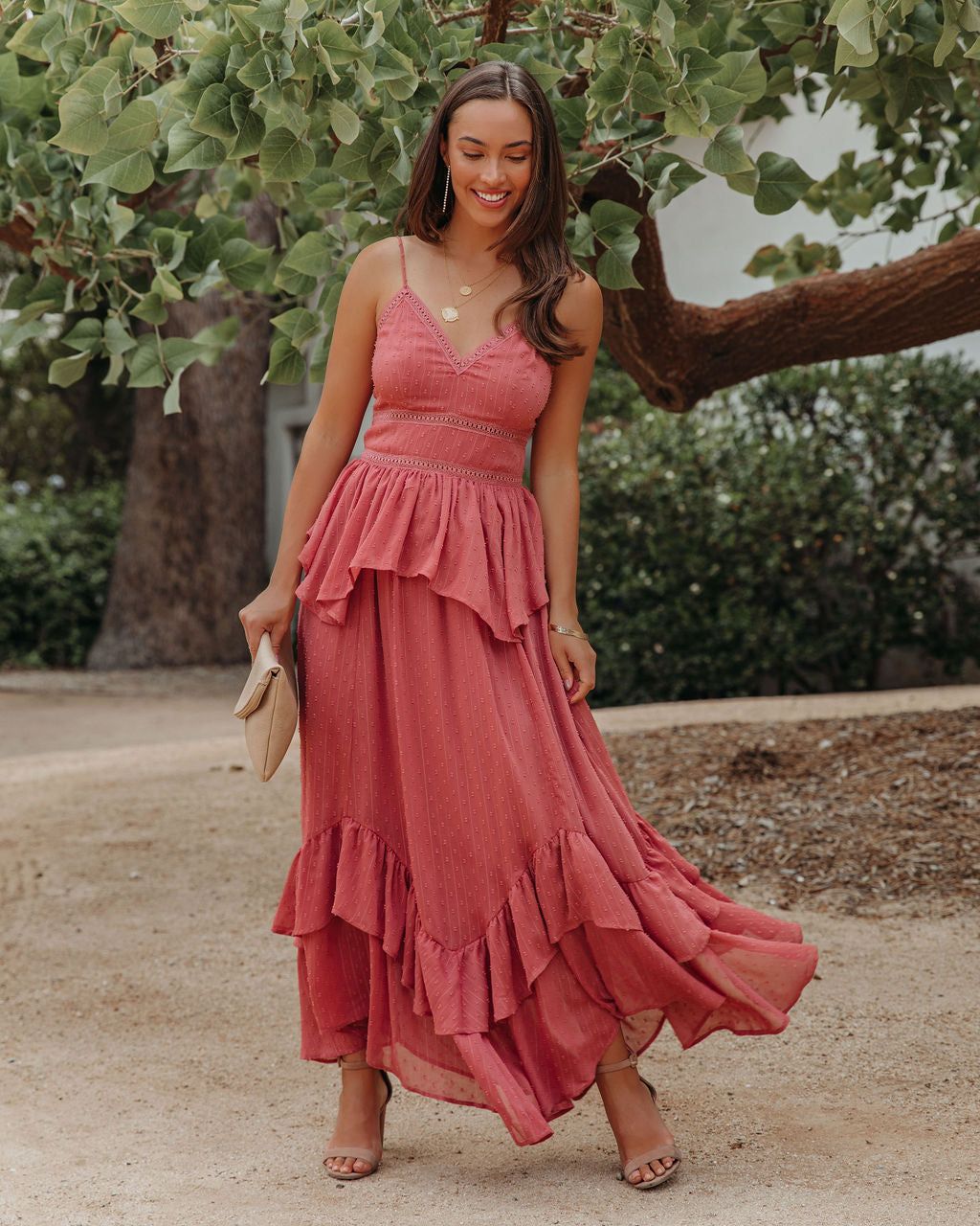 Remembered Always Swiss Dot Peplum Maxi Dress - Rose - FINAL SALE sold by Vici